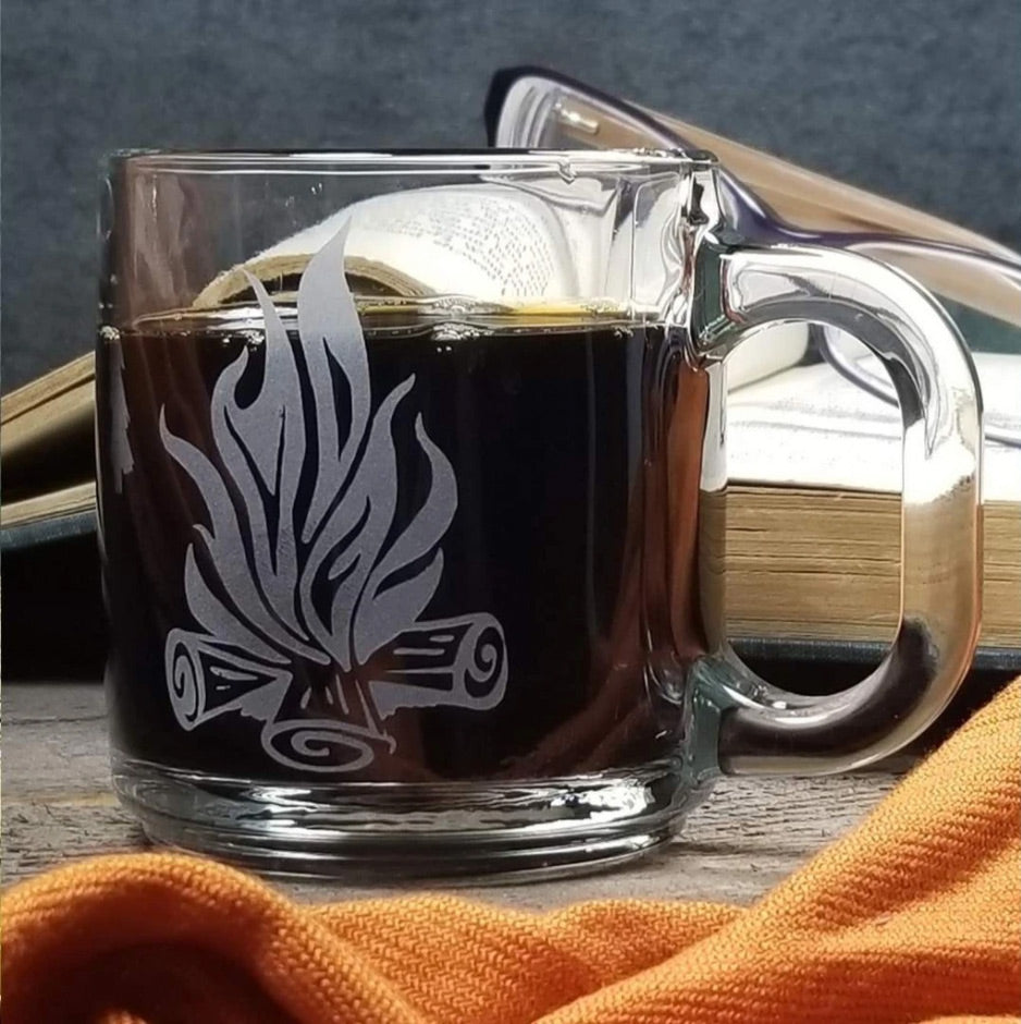 Campfire Etched & Sandblasted Glass Coffee Mug | Monster Dance Designs | Unique Gifts, Barware, Glassware | Austin, TX