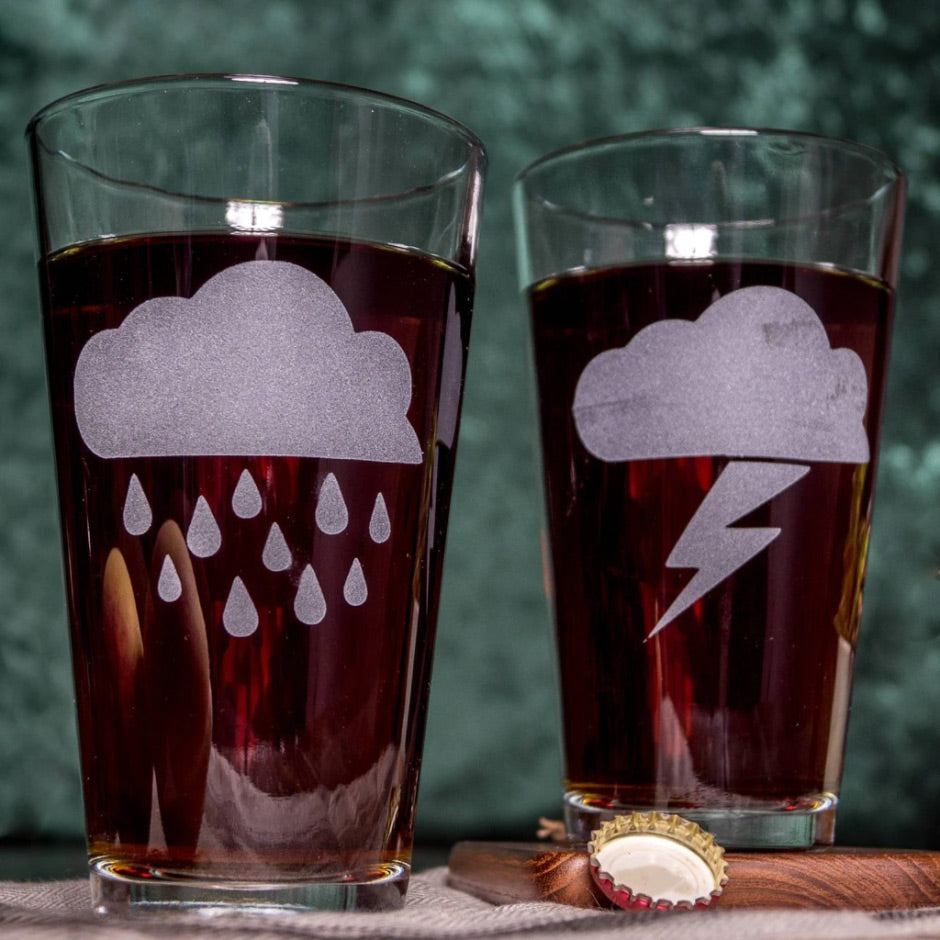 Custom Etched Pint Class with Storm Clouds | Monster Dance Designs | Unique Gifts, Barware, Glassware | Austin, TX
