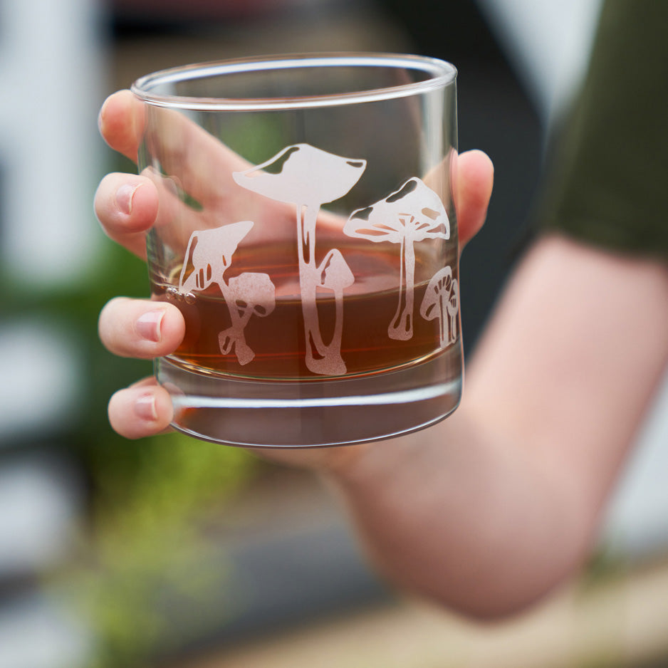 Sandblasted & Etched Whiskey Glass With Mushrooms | Monster Dance Designs | Unique Gifts, Barware, Glassware | Austin, TX