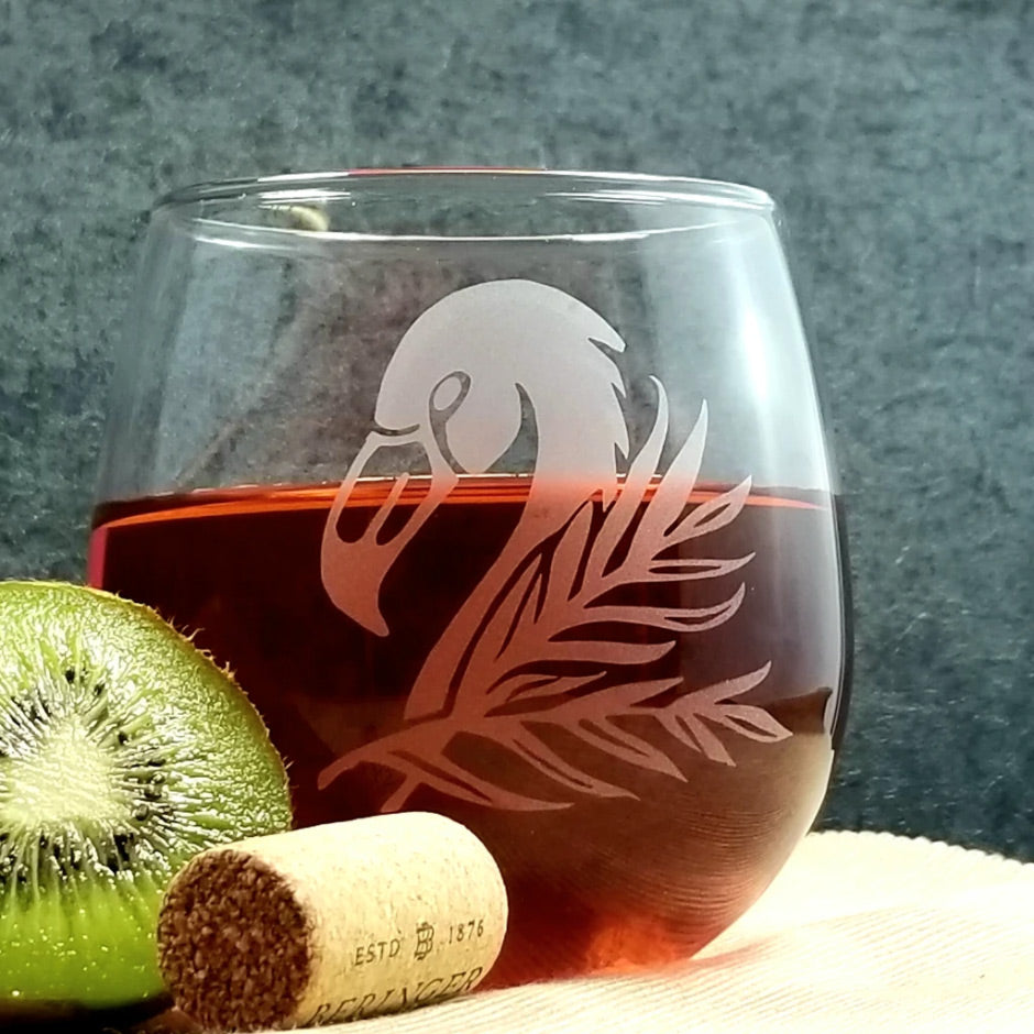 Flamingo Custom Etched Stemless Wine Glass | Monster Dance Designs | Unique Gifts, Barware, Glassware | Austin, TX