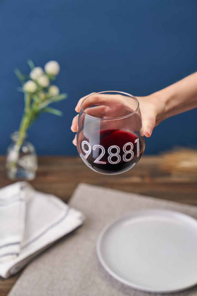 Inline Numbers ( Zip Code,  Area Code, House Numbers) Customized Etched Stemless Wine Glasses