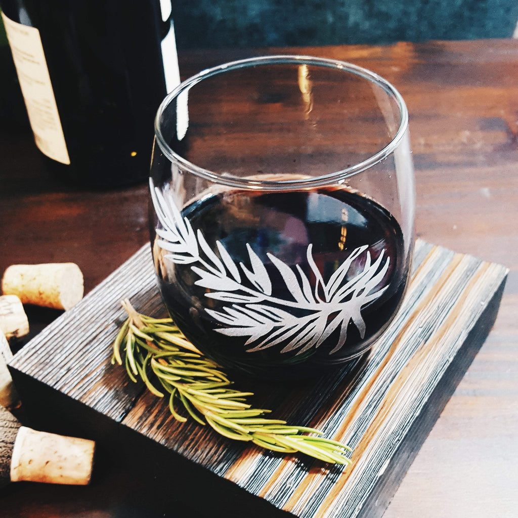 Rosemary Etched Stemless Wine Glass Glassware- Monster Dance Designs
