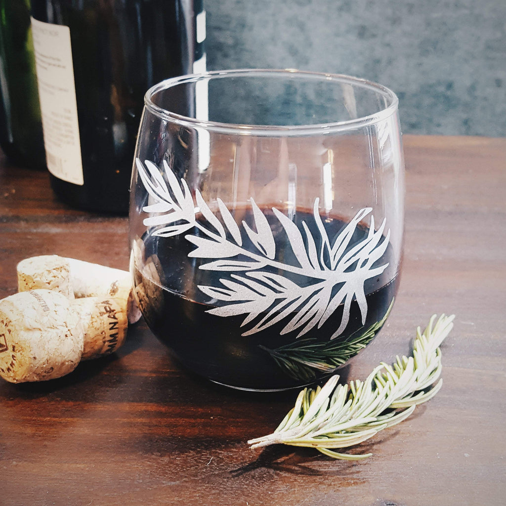 Rosemary Etched Stemless Wine Glass Glassware- Monster Dance Designs