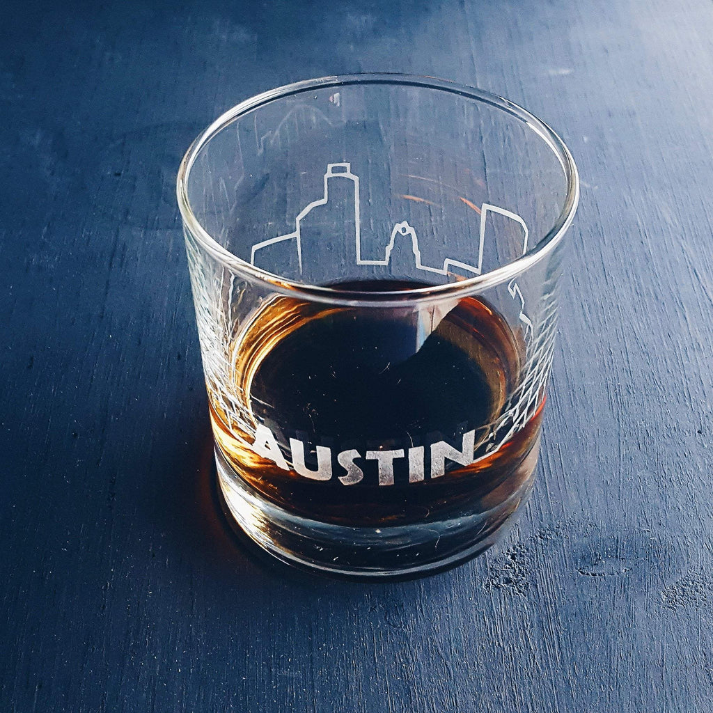 Austin Skyline Etched Whiskey Glass Glassware- Monster Dance Designs