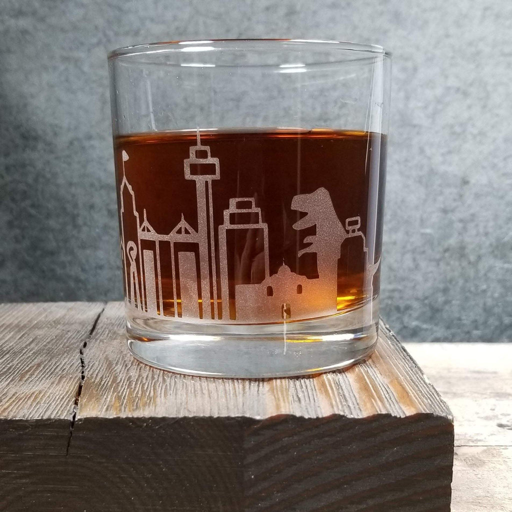 San Antonio Dinosaur Skyline Etched Whiskey Glass Glassware- Monster Dance Designs