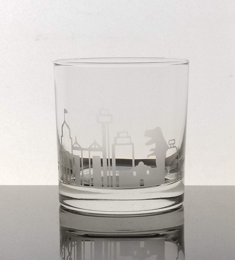 San Antonio Dinosaur Skyline Etched Whiskey Glass Glassware- Monster Dance Designs
