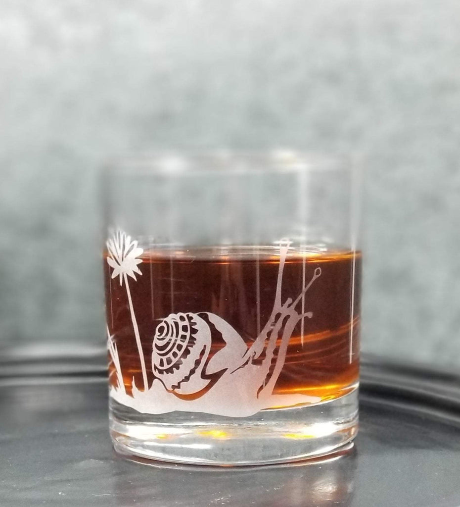 Garden Snail Etched Whiskey Glass Glassware- Monster Dance Designs