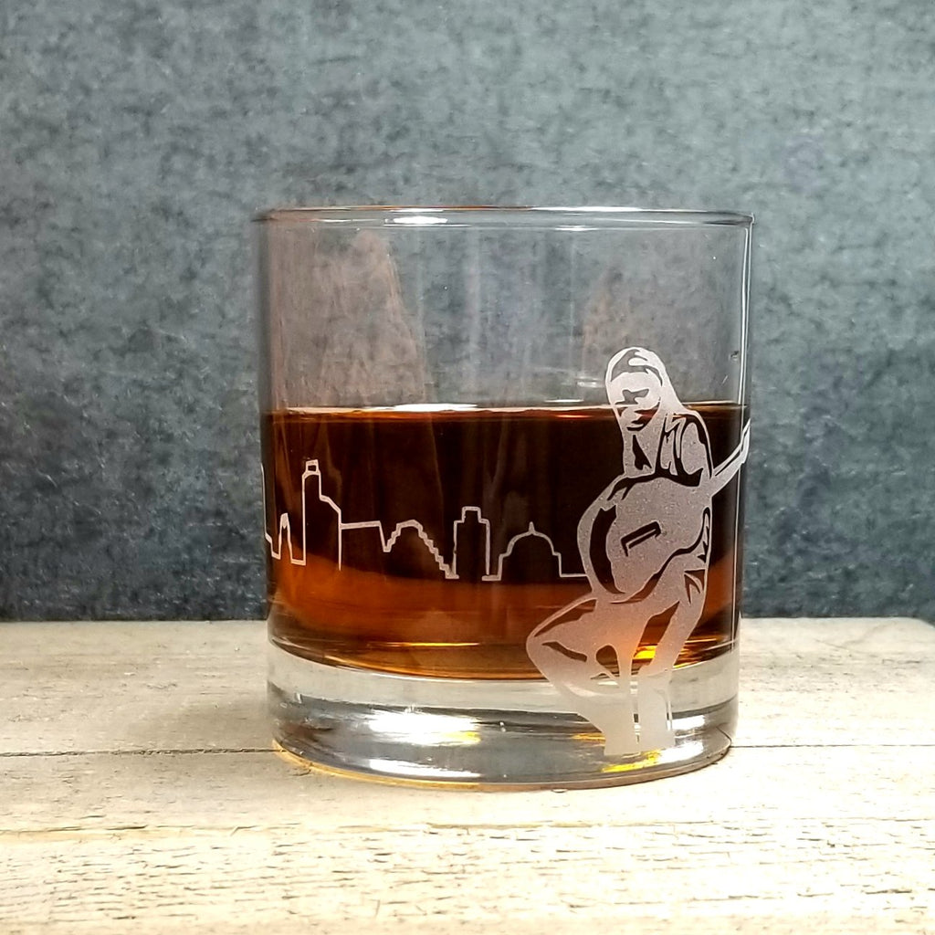 Willie Nelson Austin Etched Whiskey Glass Glassware- Monster Dance Designs