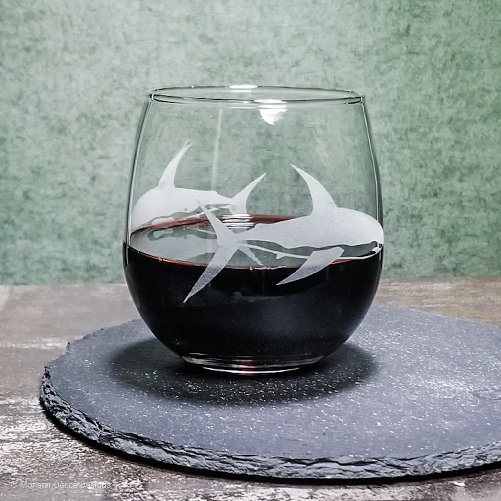 Great White Shark Etched Stemless Wine Glass Glassware- Monster Dance Designs