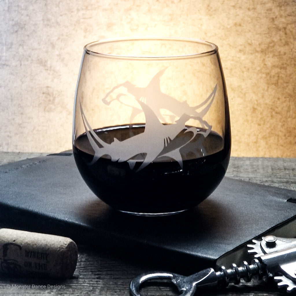 Hammerhead Shark Etched Stemless Wine Glass Glassware- Monster Dance Designs