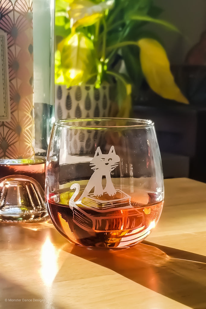 Cat and Books Etched Stemless Wine Glass Glassware- Monster Dance Designs