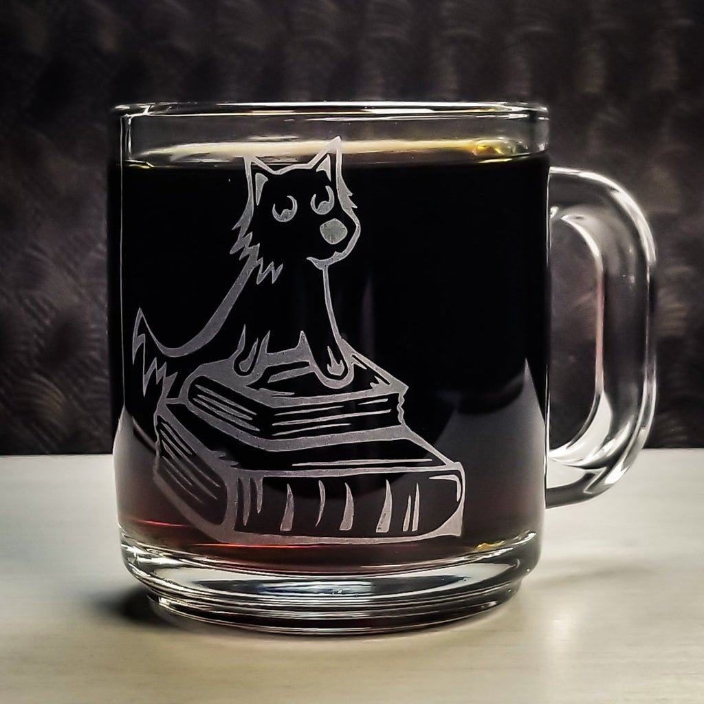 Terrier Dog Library Book Etched Glass Coffee Mug Mugs- Monster Dance Designs