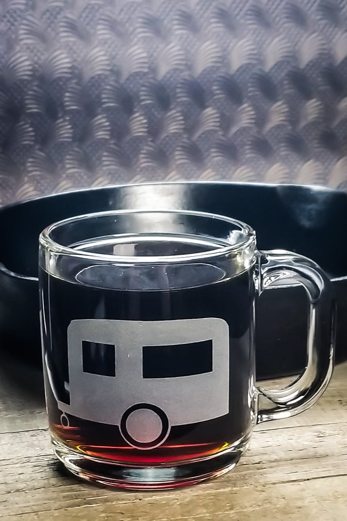 Camper Airstream Etched Glass Coffee Mug Mugs- Monster Dance Designs