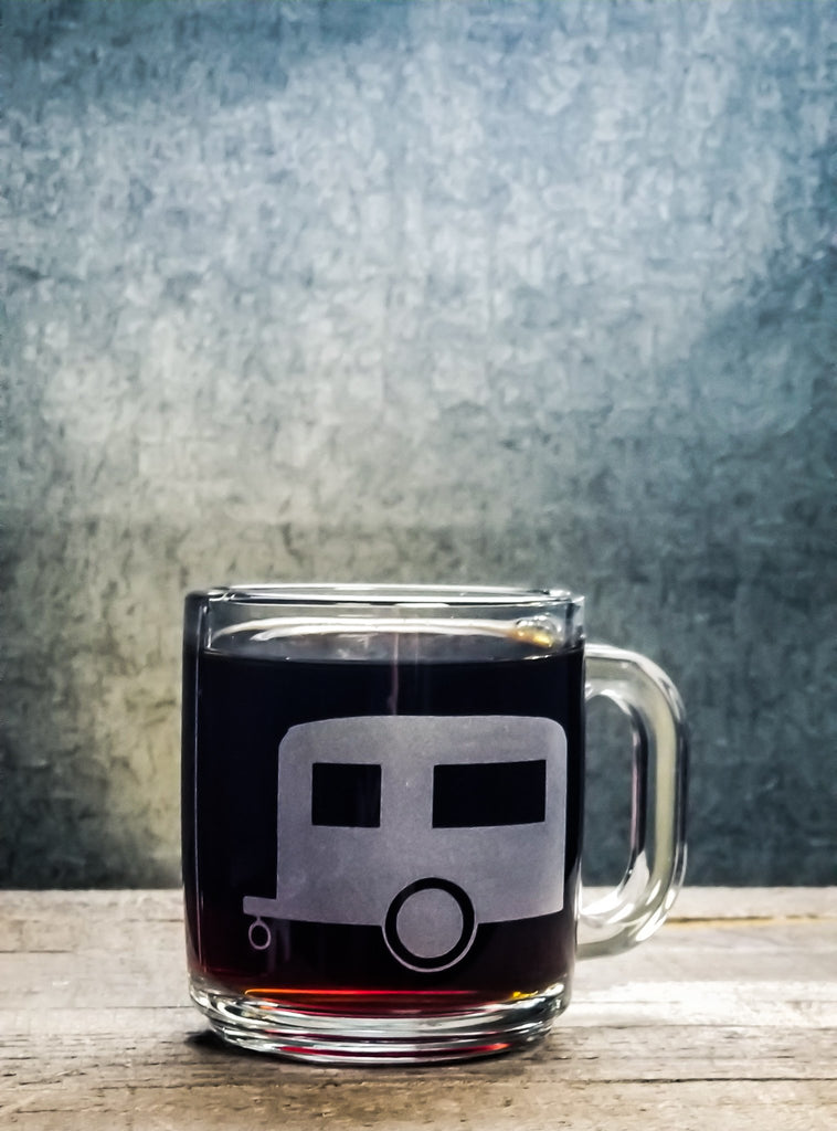 Camper Airstream Etched Glass Coffee Mug Mugs- Monster Dance Designs