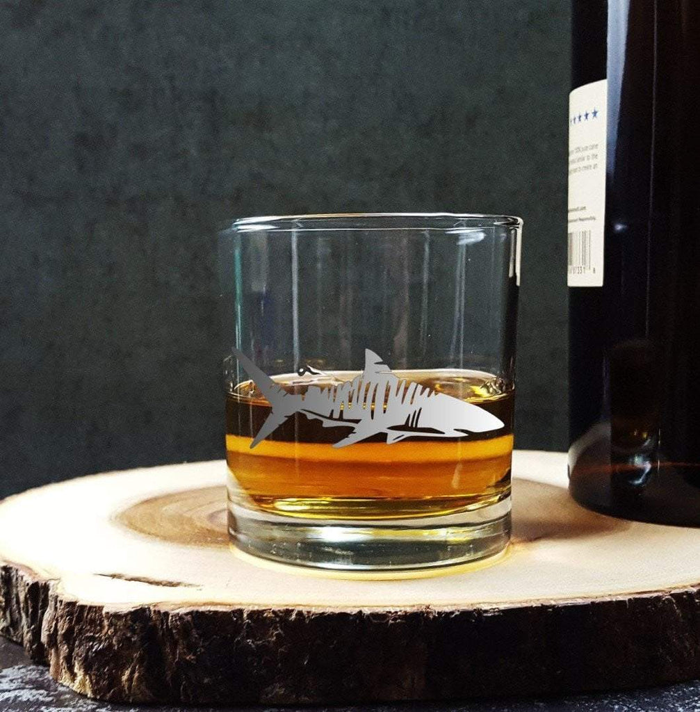 Tiger Shark Etched Whiskey Glass Glassware- Monster Dance Designs