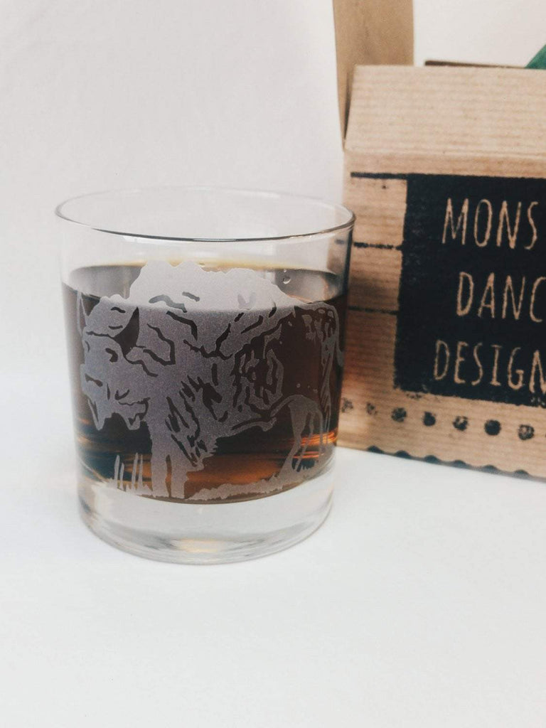 Bison Buffalo Etched Whiskey Glass Glassware- Monster Dance Designs