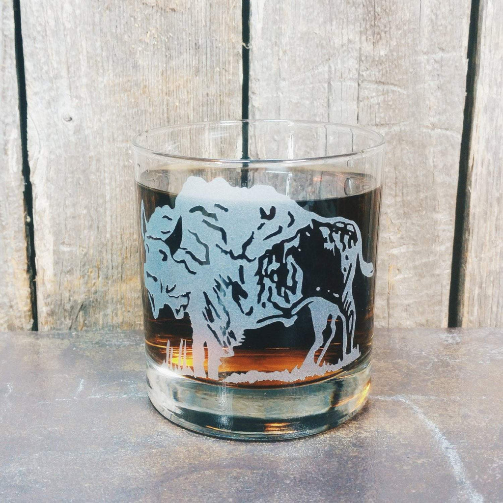 Bison Buffalo Etched Whiskey Glass Glassware- Monster Dance Designs