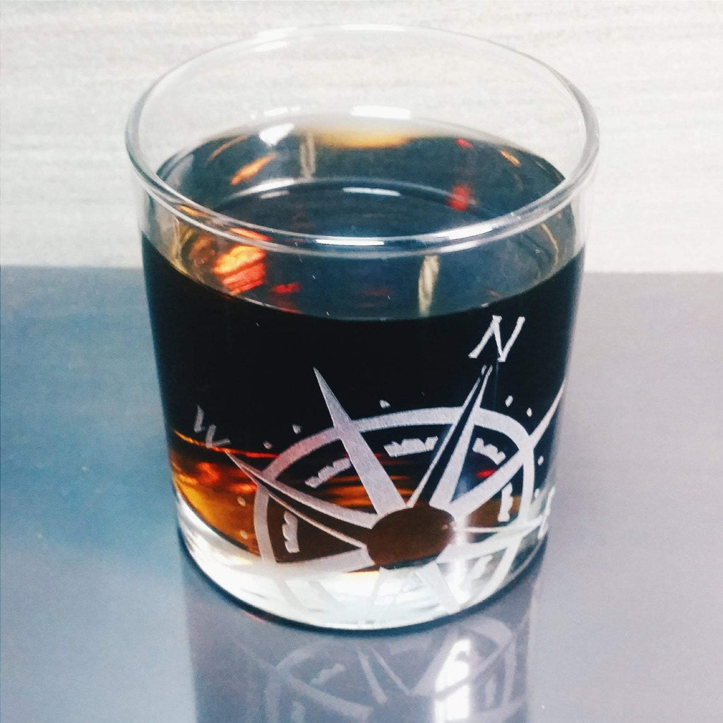 Compass Rose Etched Wine Glass Glassware- Monster Dance Designs