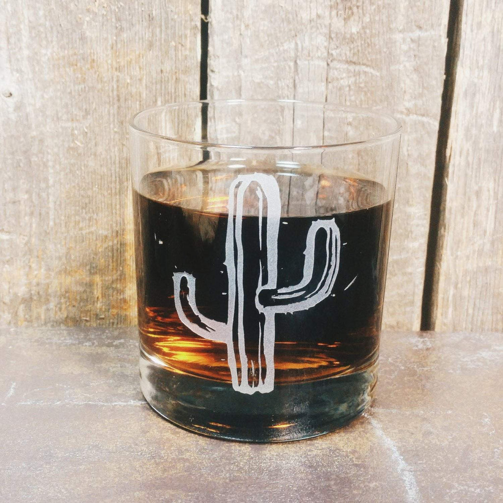 Cactus Saguaro Etched Whiskey Glass Glassware- Monster Dance Designs