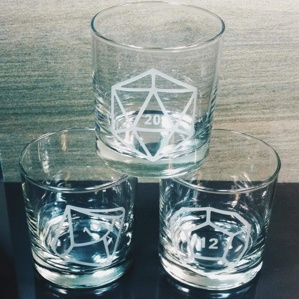 DnD Dice Set of Six Etched Scotch Glasses Glassware- Monster Dance Designs