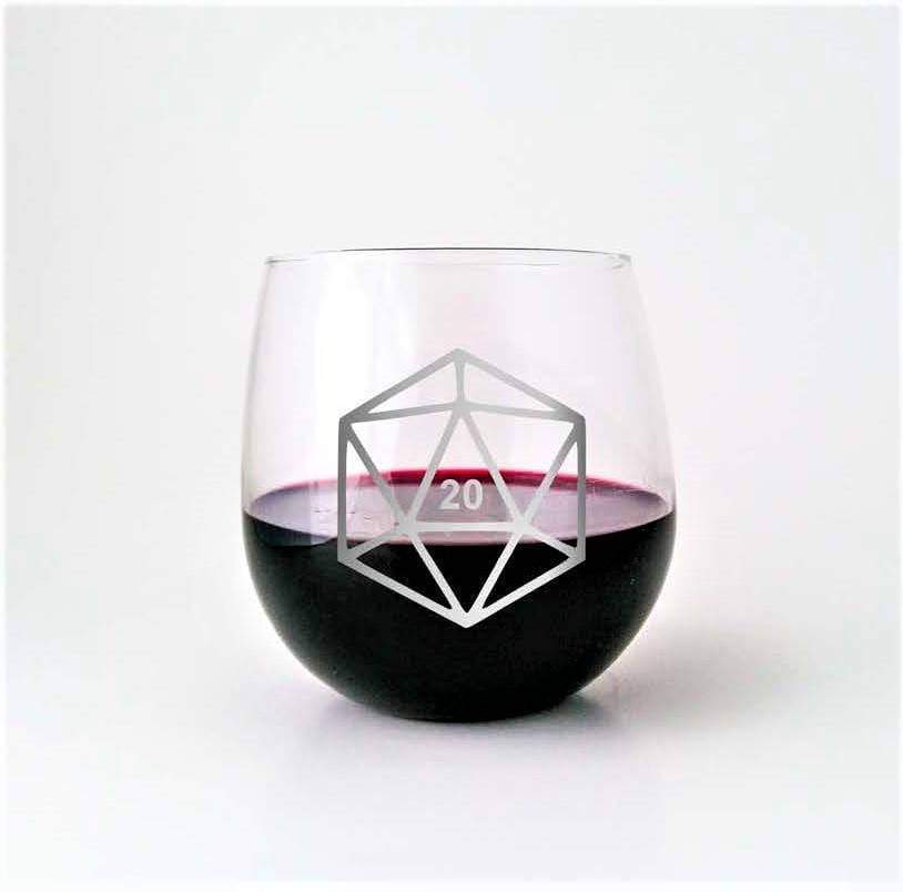 D20 DnD Polyhedral Dice Etched Stemless Wine Glass - Monster Dance Designs