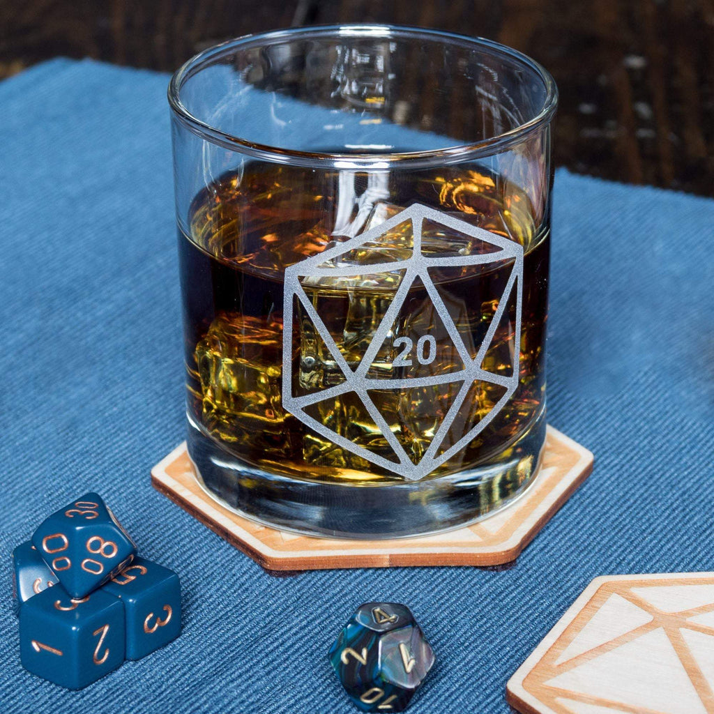 D20 DnD Polyhedral Dice Etched Whiskey Glass Glassware- Monster Dance Designs