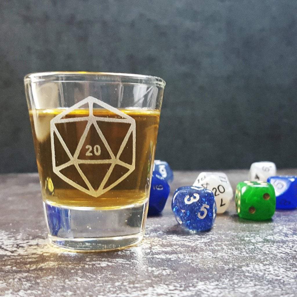 D20 DnD Polyhedral Dice Etched Shot Glass - Monster Dance Designs