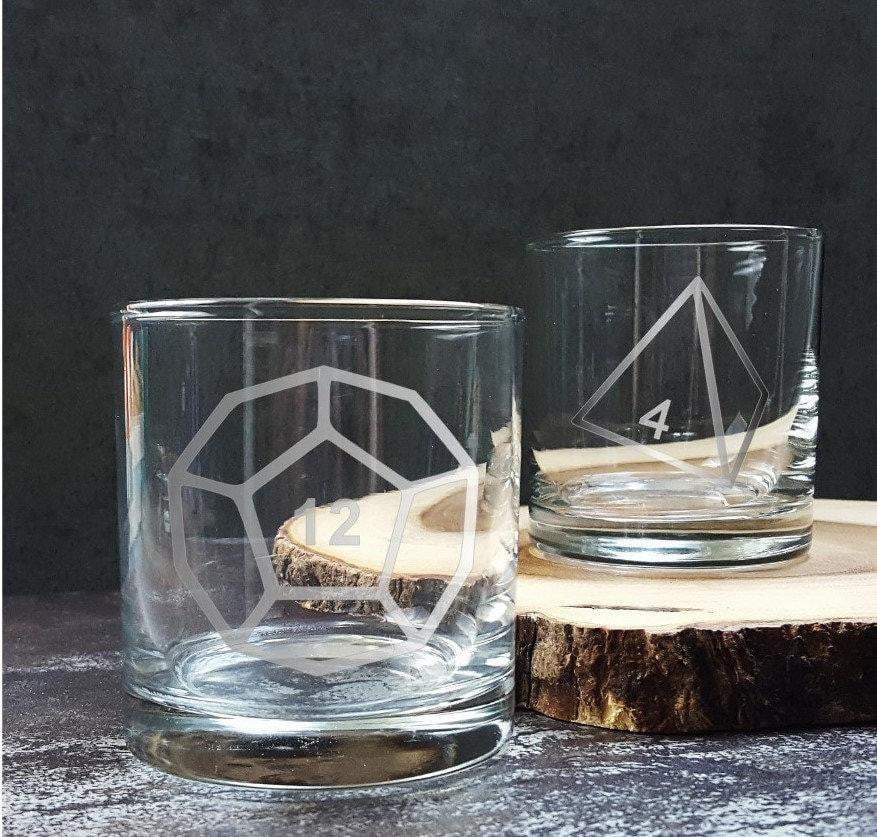 DnD Dice Set of Six Etched Scotch Glasses Glassware- Monster Dance Designs