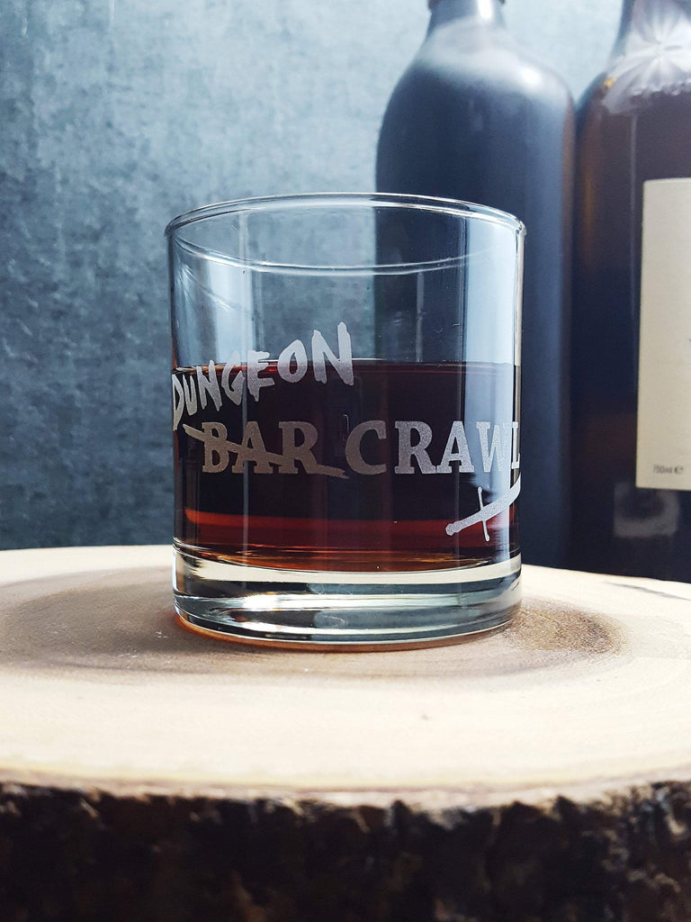 DnD Dungeon Crawl Etched Whiskey Glass Glassware- Monster Dance Designs