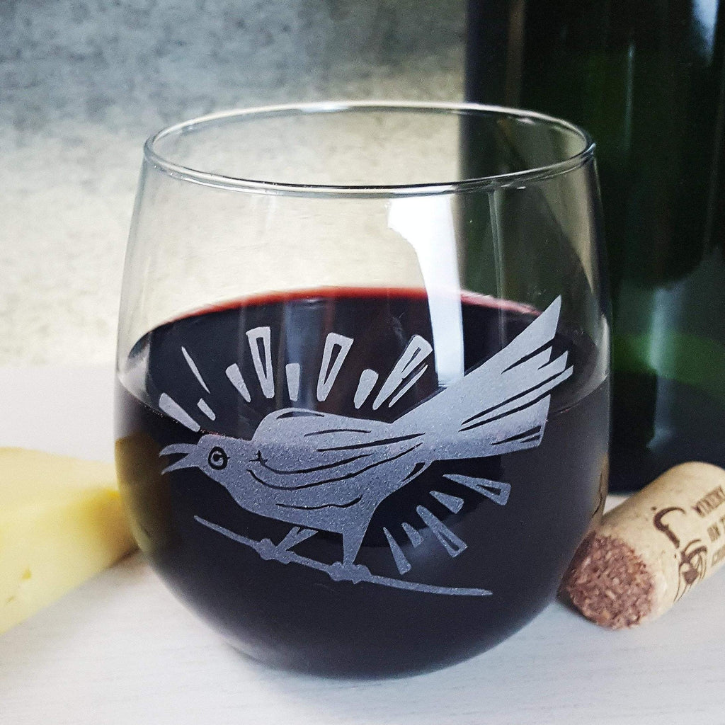 Grackle Bird Austin Stemless Wine Glass Glassware- Monster Dance Designs