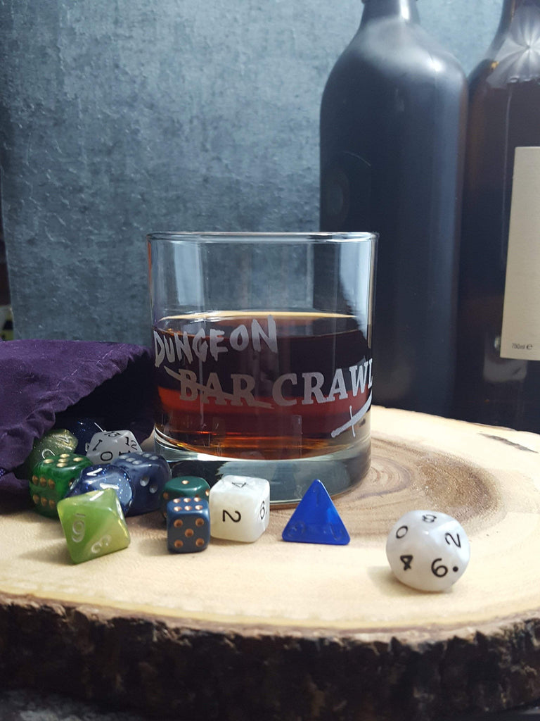 DnD Dungeon Crawl Etched Whiskey Glass Glassware- Monster Dance Designs