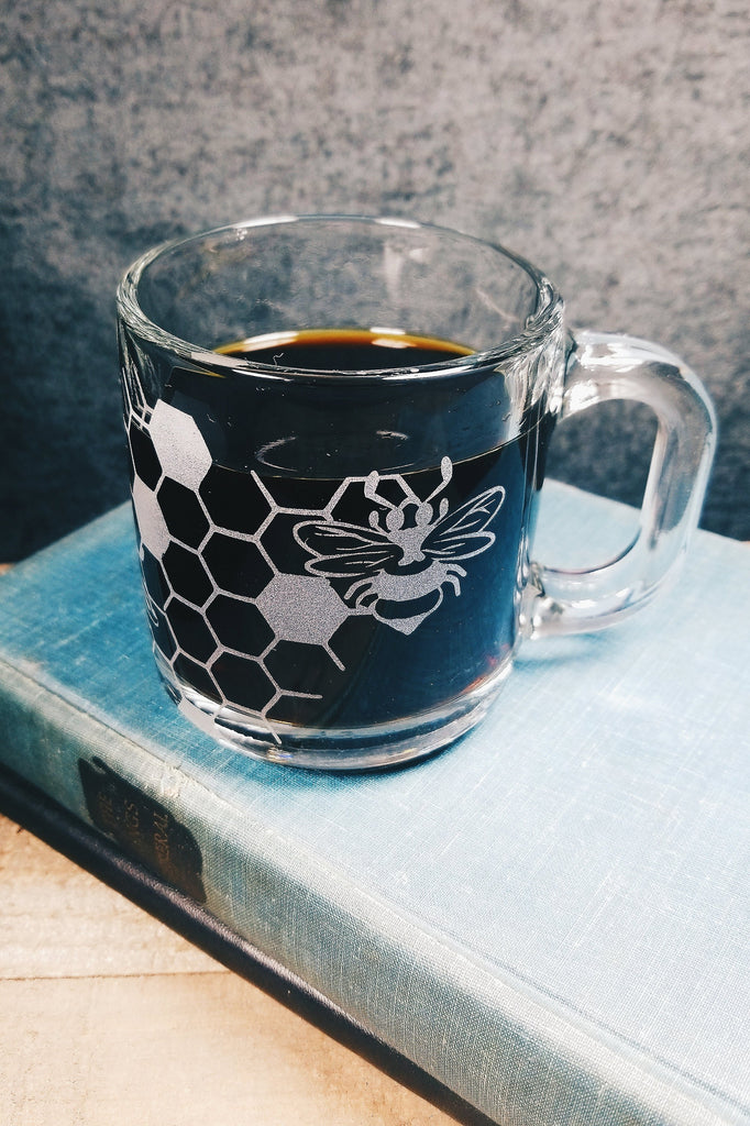 Honeybee Etched Glass Coffee Mug Mugs- Monster Dance Designs