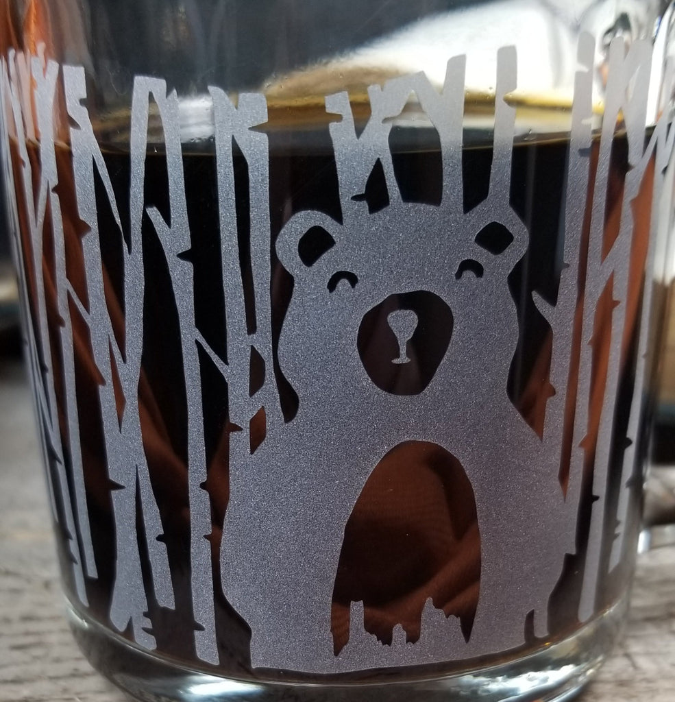 Bear Woodland Trees Etched Glass Coffee Mug Mugs- Monster Dance Designs