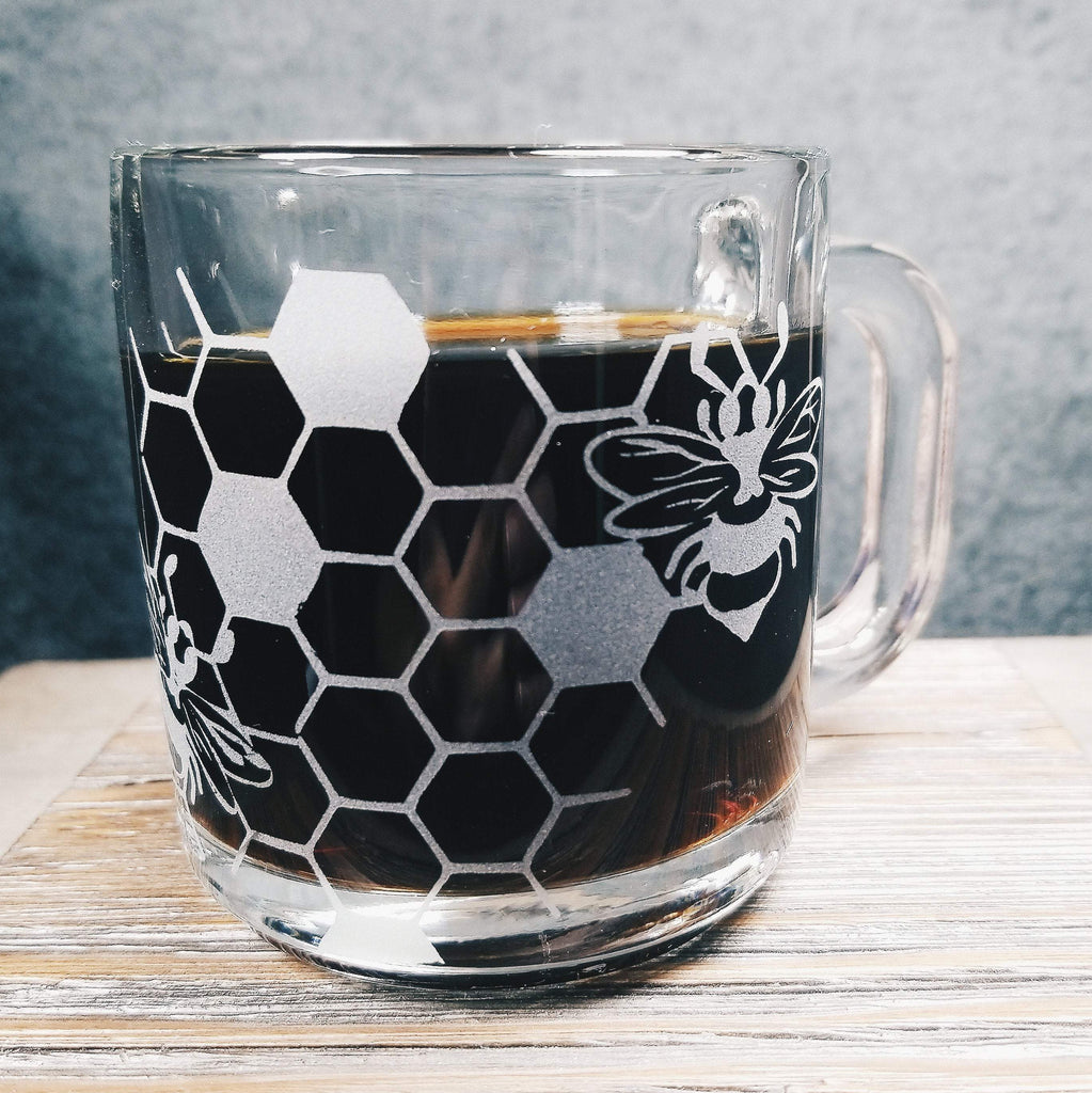 Honeybee Etched Glass Coffee Mug Mugs- Monster Dance Designs