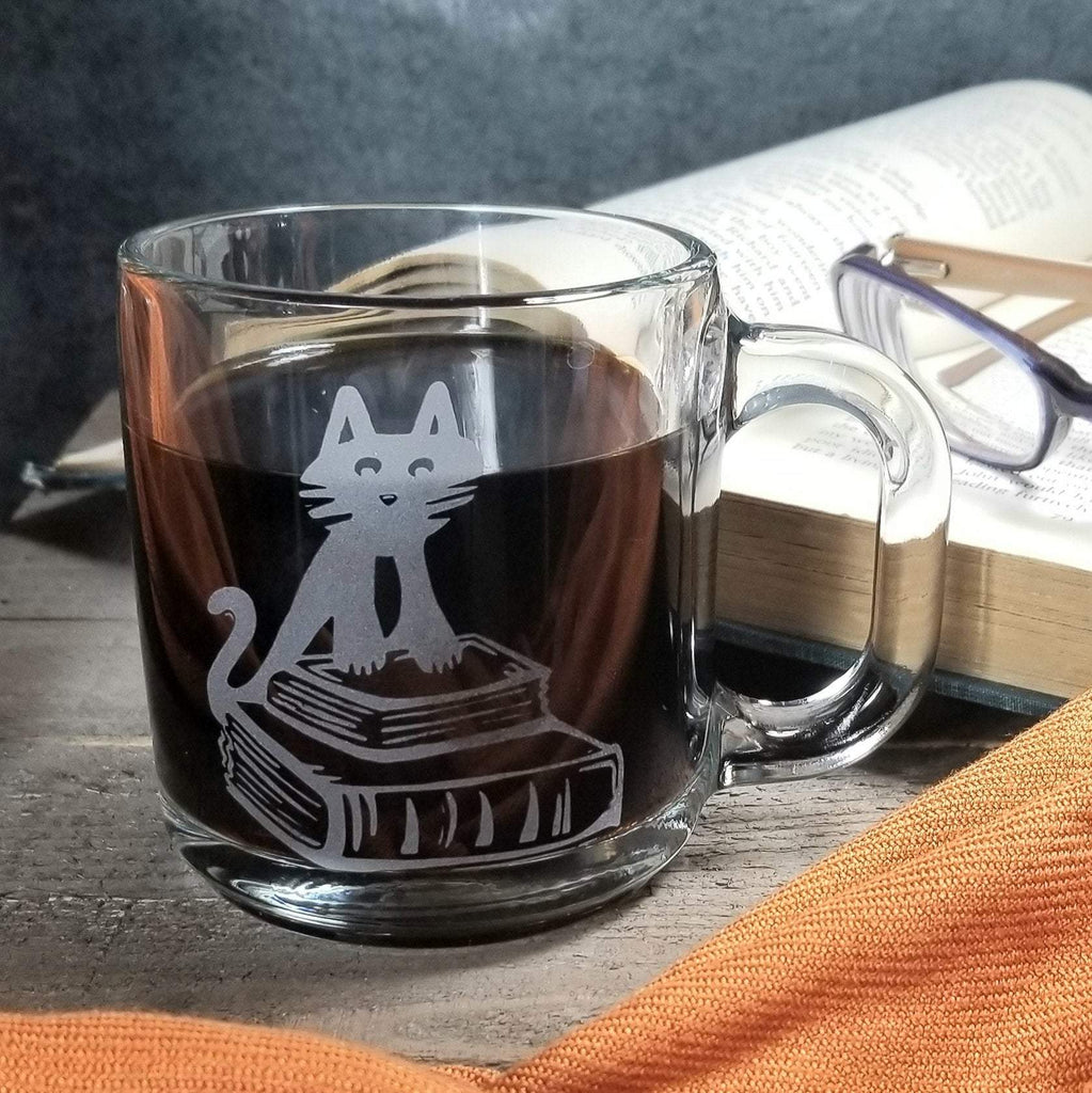 Cat Library Book Etched Glass Coffee Mug Mugs- Monster Dance Designs