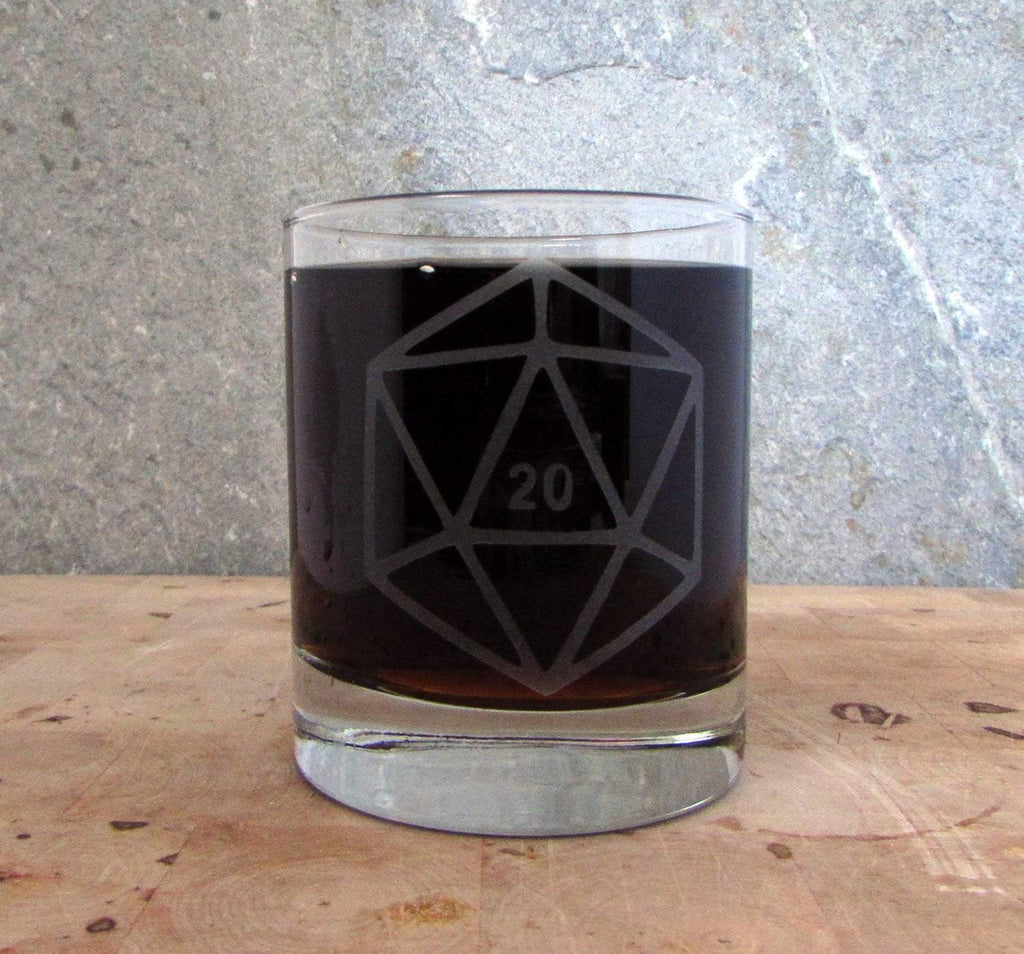 D20 DnD Polyhedral Dice Etched Whiskey Glass Glassware- Monster Dance Designs