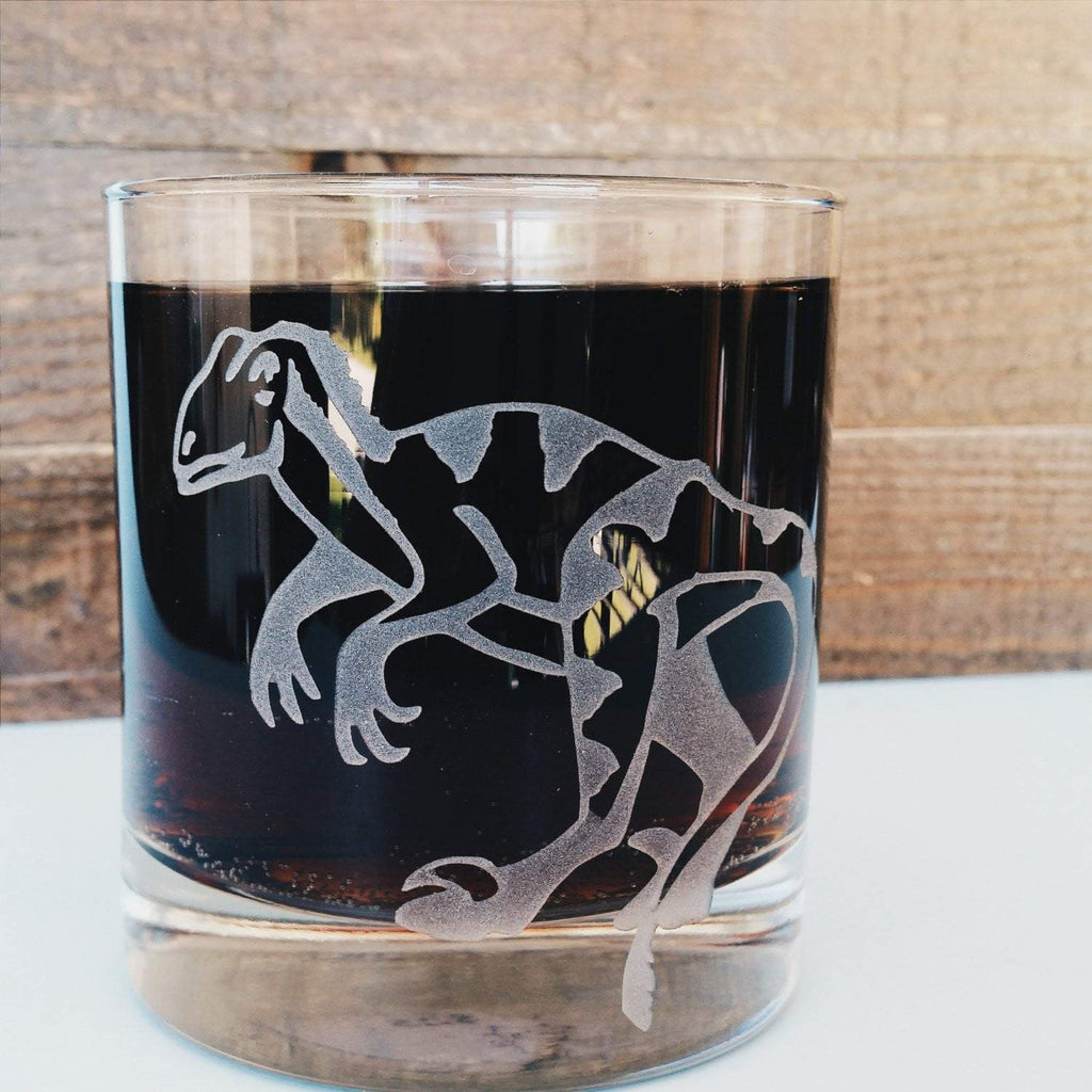 Velociraptor Etched Whiskey Glass - Monster Dance Designs